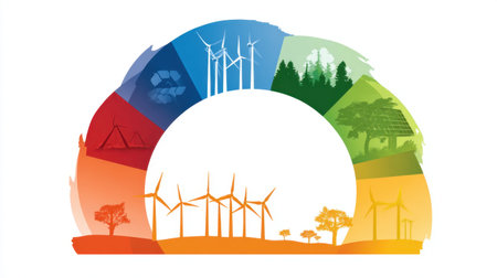 Vibrant infographic showcasing elements of sustainable energy and environmental awareness. The design features wind turbines, trees, and solar panels, emphasizing eco-friendly practices for a brighter future.の素材
