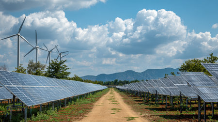 A vibrant landscape featuring rows of solar panels alongside tall wind turbines, capturing renewable energy under dynamic clouds and blue skies.の素材