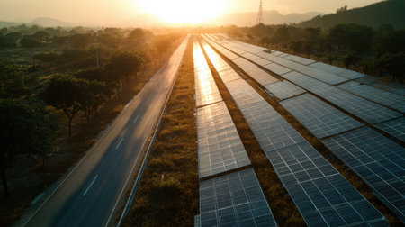 A stunning aerial view showcasing solar panels aligned along a rural roadway at sunset, emphasizing the beauty of renewable energy in nature.の素材
