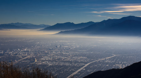 Captivating view of a mountain range overlooking a serene urban landscape. Morning fog envelops the city, creating a tranquil atmosphere.の素材