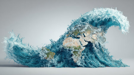 This captivating image features a dynamic wave creatively shaped like the Earth, illustrating the power of nature in an artistic and surreal manner.の素材