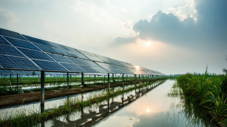 A beautiful depiction of solar panels arranged in a rural landscape, reflecting sunlight over tranquil waterlogged fields under a dramatic sky.の素材