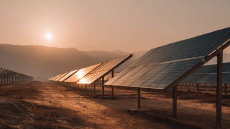 A serene landscape featuring rows of solar panels reflecting the warm glow of the setting sun, framed by mountains and a tranquil sky, illustrating clean energy technology.の素材