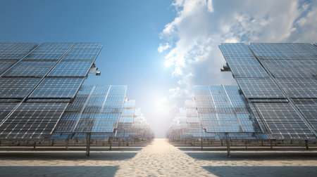This stunning image showcases a wide expanse of solar panels sharply aligned under a vibrant blue sky, creating an impressive landscape of renewable energy technology.の素材