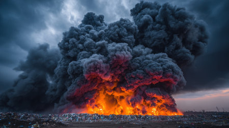 A massive fire consumes a garbage dump, sending billowing black smoke high into a dark sky. The scene captures the intense colors of flame and highlights environmental concerns.の素材
