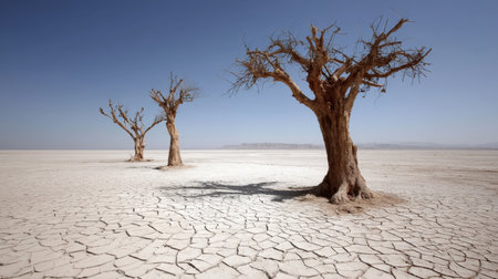 An expansive arid landscape features barren trees standing against a clear blue sky. The cracked earth highlights the harshness of the environment, showcasing nature's resilience and beauty.の素材