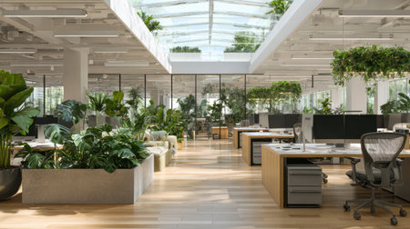 A spacious modern office interior showcasing bright natural light pouring through glass windows, surrounded by lush green plants, promoting creativity and productivity.の素材