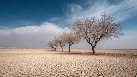 This striking landscape features leafless trees standing on cracked, dry earth under a dynamic sky. The scene captures the beauty of isolation and aridity.の素材