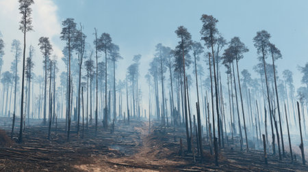 The image captures the haunting aftermath of a wildfire, showcasing blackened trees and a hazy landscape. Smoky skies provide a stark contrast to the devastation, highlighting the urgent need for ecosystem recovery and awareness of climate change impacts.の素材
