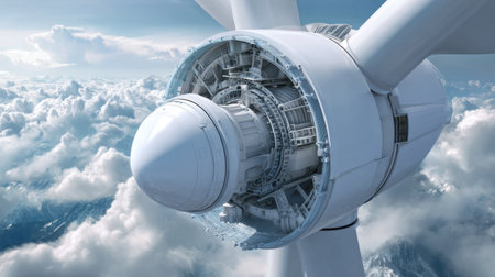 This image showcases a close-up view of a wind turbine mechanism set against a breathtaking cloudy sky. The advanced engineering reflects innovation in renewable energy.の素材