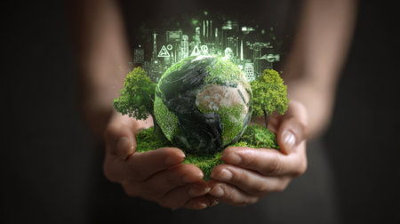 A pair of hands cradles a vibrant globe symbolizing sustainability and the environment, surrounded by green trees and a futuristic cityscape, highlighting eco-consciousness.の素材