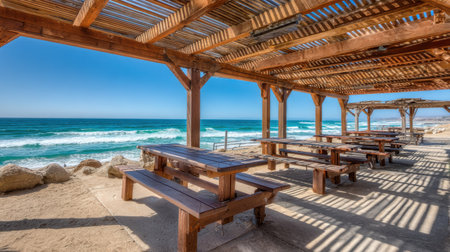 Discover a tranquil beachside pavilion featuring wooden tables that offer stunning views of ocean waves and a clear blue sky, perfect for relaxation.の素材