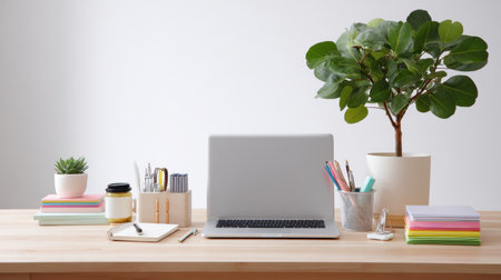 A stylish and organized workspace featuring a laptop, colorful stationery, and a vibrant potted plant, designed for modern professionalism and creativity.の素材