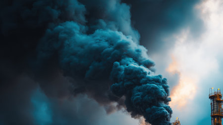 A dark plume of smoke rises dramatically from an industrial facility, contrasting sharply against a textured sky as the sun sets, highlighting pollution concerns.の素材
