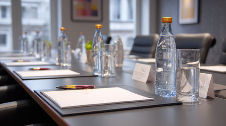 A well-organized conference room featuring a polished table, elegant water bottles, and neatly arranged stationery, ideal for professional meetings and discussions.の素材