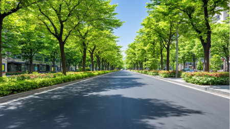 A peaceful street scene featuring vibrant green trees lining both sides, accompanied by colorful flower beds under a bright blue sky, perfect for urban exploration.の素材