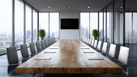 Spacious conference room featuring a large wooden table, sleek chairs, and floor-to-ceiling glass windows showcasing a modern city skyline.の素材