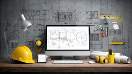 A vibrant construction workspace featuring a computer displaying blueprints, essential tools, a yellow hard hat, and measuring instruments, emphasizing design and engineering.の素材