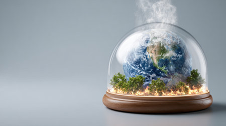This striking image depicts Earth inside a glass dome, surrounded by greenery and encircled by flames. It symbolizes the urgent climate change crisis and the balance between nature and human impact.の素材