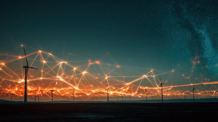 A stunning scene that captures a futuristic landscape featuring wind turbines interconnected by luminous digital lines against a starry night sky.の素材