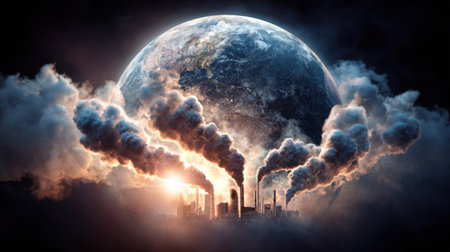 A dramatic portrayal of industrial pollution shows smokestacks releasing dark smoke into a vibrant sky, with Earth hovering in the background, emphasizing the environmental crisis.の素材