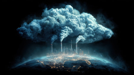 A dramatic depiction of industrial pollution showcases smokestacks releasing smoke into dark clouds above a city, highlighting environmental concerns.の素材