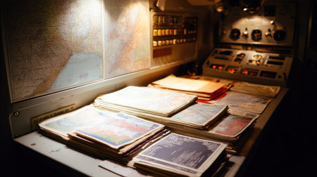 A collection of vintage maps and navigation tools scattered across a desk in a dimly lit control room, showcasing history and exploration.の素材