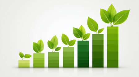This image illustrates a series of green bars topped with fresh leaves, symbolizing growth and sustainability in business and finance. It captures the essence of eco-friendly development.の素材