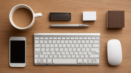 A minimalistic and modern workspace setup showcasing a cup of coffee, keyboard, mouse, smartphone, and various stationery supplies arranged on a wooden desk surface.の素材