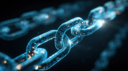 This image showcases a futuristic digital link characterized by glowing particles and a striking 3D effect, set against a black background.の素材