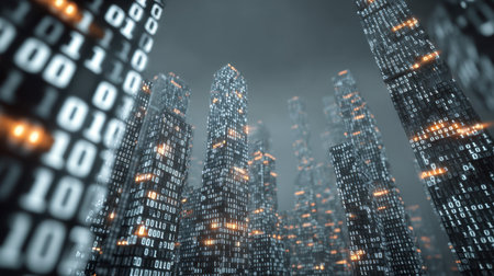 A captivating futuristic cityscape featuring skyscrapers illuminated by streams of digital binary code, evoking themes of technology and innovation.の素材