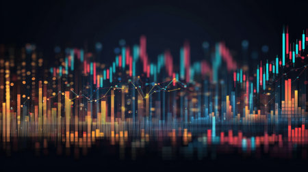 A visually striking abstract financial background showcasing a colorful candlestick chart with blurred elements, perfect for business and trading themes.の素材