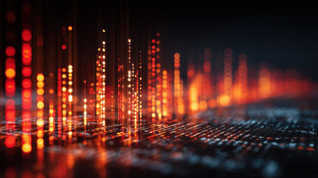 Stunning abstract background showcasing glowing red and orange particles against a dark surface, symbolizing data visualization and digital innovation.の素材