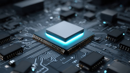 This image showcases a close-up view of a modern microprocessor sitting on a printed circuit board, emphasizing intricate details and glowing elements in a high-tech environment.の素材