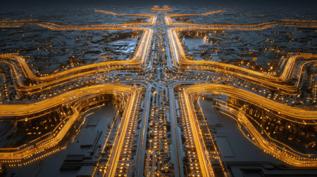 This captivating aerial image showcases a complex highway interchange illuminated by bright lights, creating an intricate pattern at night. The scene highlights the dynamic movement of vehicles along multiple lanes, emphasizing urban design and transportation systems in action.の素材