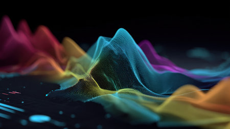 A stunning abstract visualization of sound waves in vibrant colors, showcasing the dynamic flow and movement of audio frequencies against a dark background.の素材