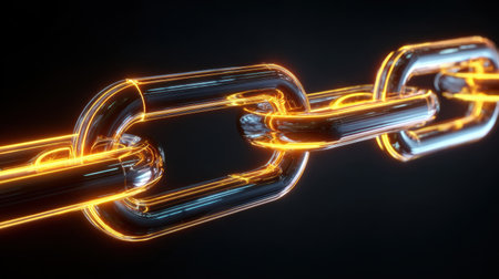 This image showcases a glowing chain link with a neon effect against a dark background, symbolizing connection and strength in a modern and abstract design.の素材