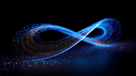 This stunning image features a blue infinity symbol created with sparkling particles, set against a dark background, perfect for conveying themes of continuity and limitless potential in digital and abstract design projects.の素材