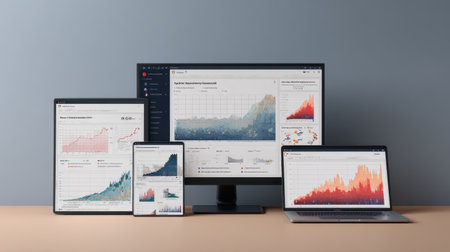 Engaging visual data representation displayed across multiple devices, emphasizing the importance of analytics in business strategy and decision-making.の素材