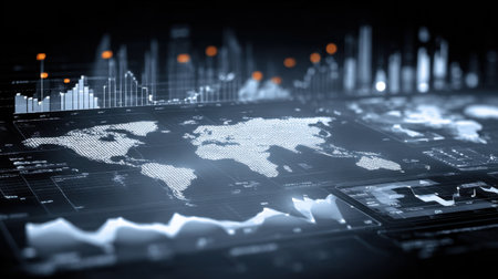 A captivating digital world map featuring intricate data visualizations, charts, and graphs against a sleek dark background. Ideal for technology and business themes.の素材
