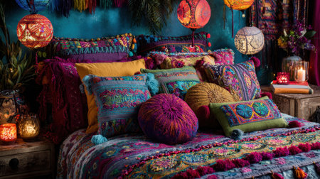 This stunning bohemian bedroom showcases vibrant textiles, colorful cushions, and inviting decor, creating a cozy atmosphere perfect for relaxation and comfort.の素材