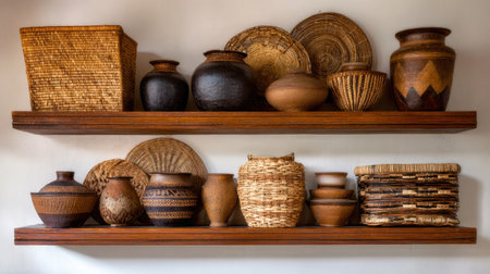 This image showcases a captivating array of handcrafted baskets and pottery arranged on wooden shelves, perfect for interior decoration. The rustic charm and unique textures add warmth to any cozy setting.の素材