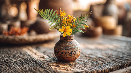 A beautifully crafted earthen pot adorned with bright wildflowers and ferns, resting on a rustic wooden table. The natural light enhances the vibrant colors, creating a serene and warm atmosphere. Perfect for showcasing the beauty of handcrafted art.の素材