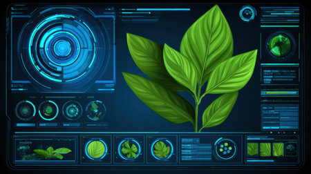This image showcases a futuristic digital interface featuring vibrant green leaves, combined with data analysis graphics, representing innovation in science.の素材
