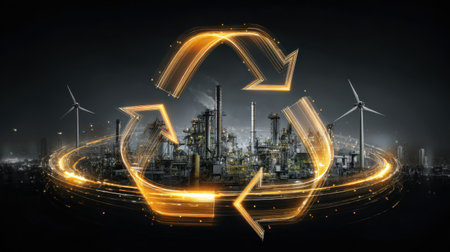 This striking image features a recycling symbol illuminated against a backdrop of a modern industrial landscape, emphasizing the harmony of renewable energy and technology.の素材