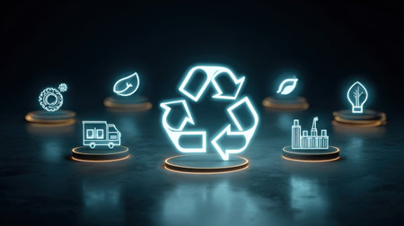 This vibrant image features neon recycling symbols surrounded by icons representing eco-friendly practices. It highlights essential concepts of sustainability, such as renewable energy, waste management, and ecological awareness. Perfect for promoting environmental initiatives.の素材