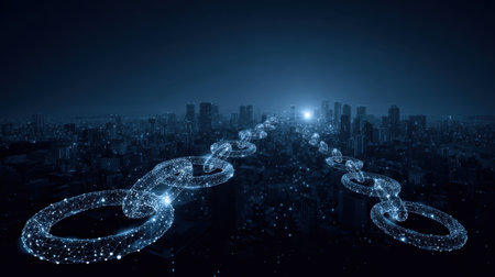 A mesmerizing visual of a futuristic digital chain linking a city skyline, glowing with vibrant lights against a night sky, symbolizing connectivity and innovation.の素材
