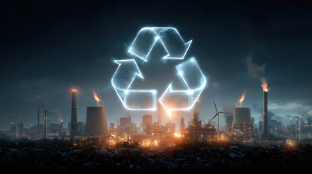 A captivating image featuring a glowing recycling symbol hovering above a polluted industrial cityscape at night, highlighting the contrast between pollution and renewable energy sources.の素材