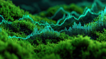 This captivating image features a digital representation of sound waves layered over lush green moss, blending technology and nature in a serene composition.の素材