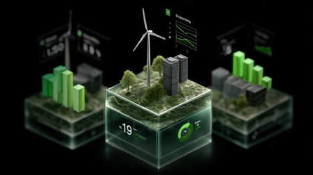 This stunning 3D visualization showcases innovative renewable energy concepts, featuring a wind turbine, eco-friendly buildings, and data analytics in a futuristic landscape.の素材